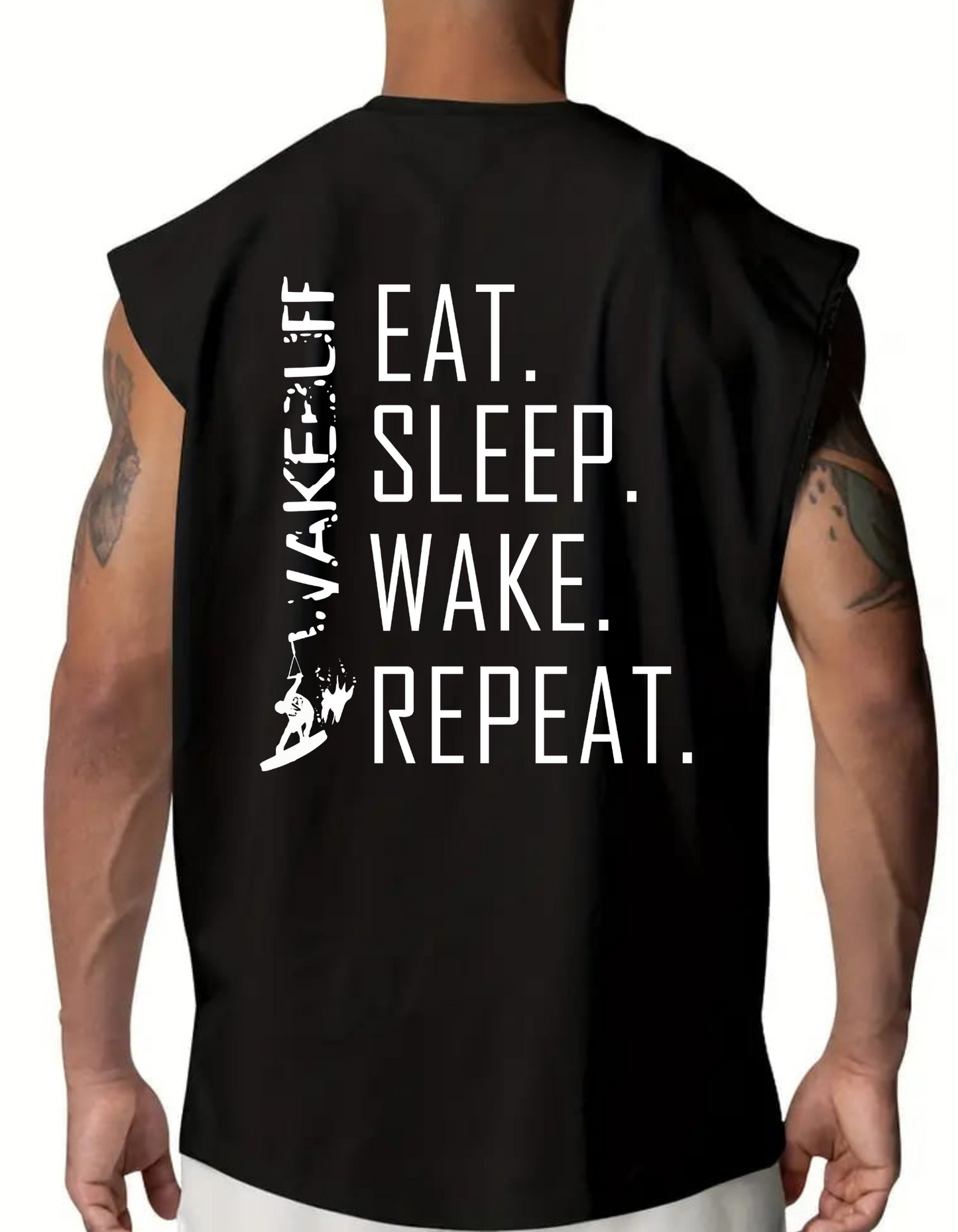SLEEVELESS T-SHIRT. EAT.SLEEP.WAKE.REPEAT.
